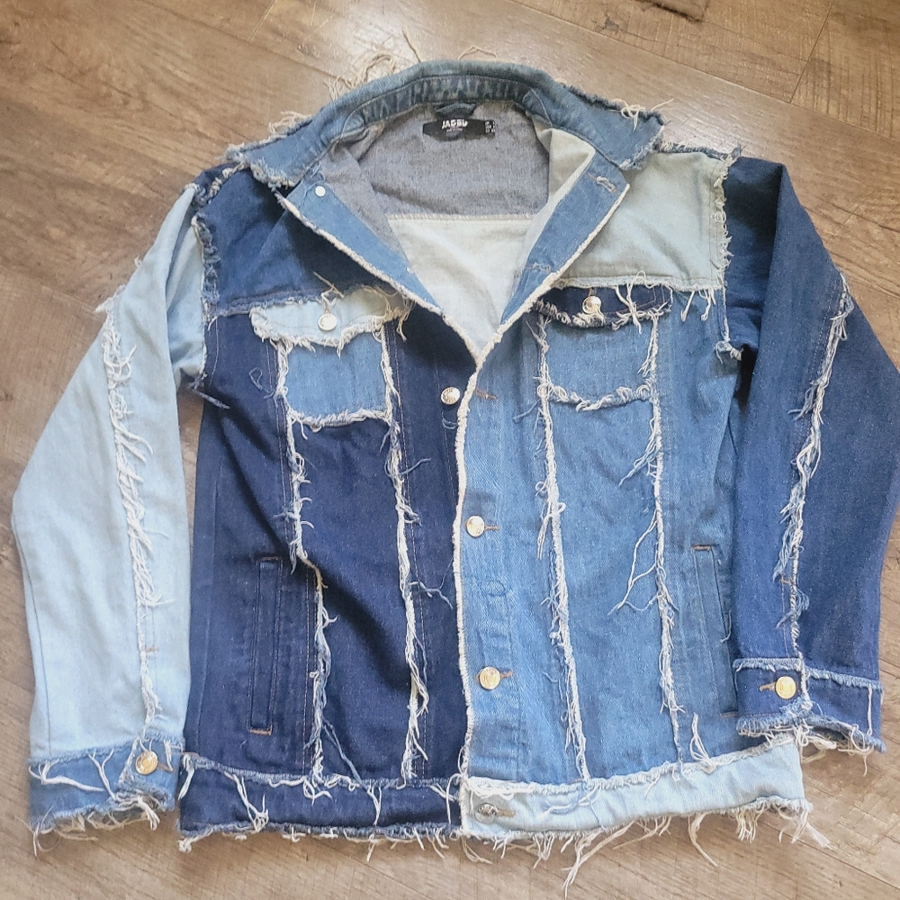 Patchwork Oversized Denim Jacket with Frayed Edges